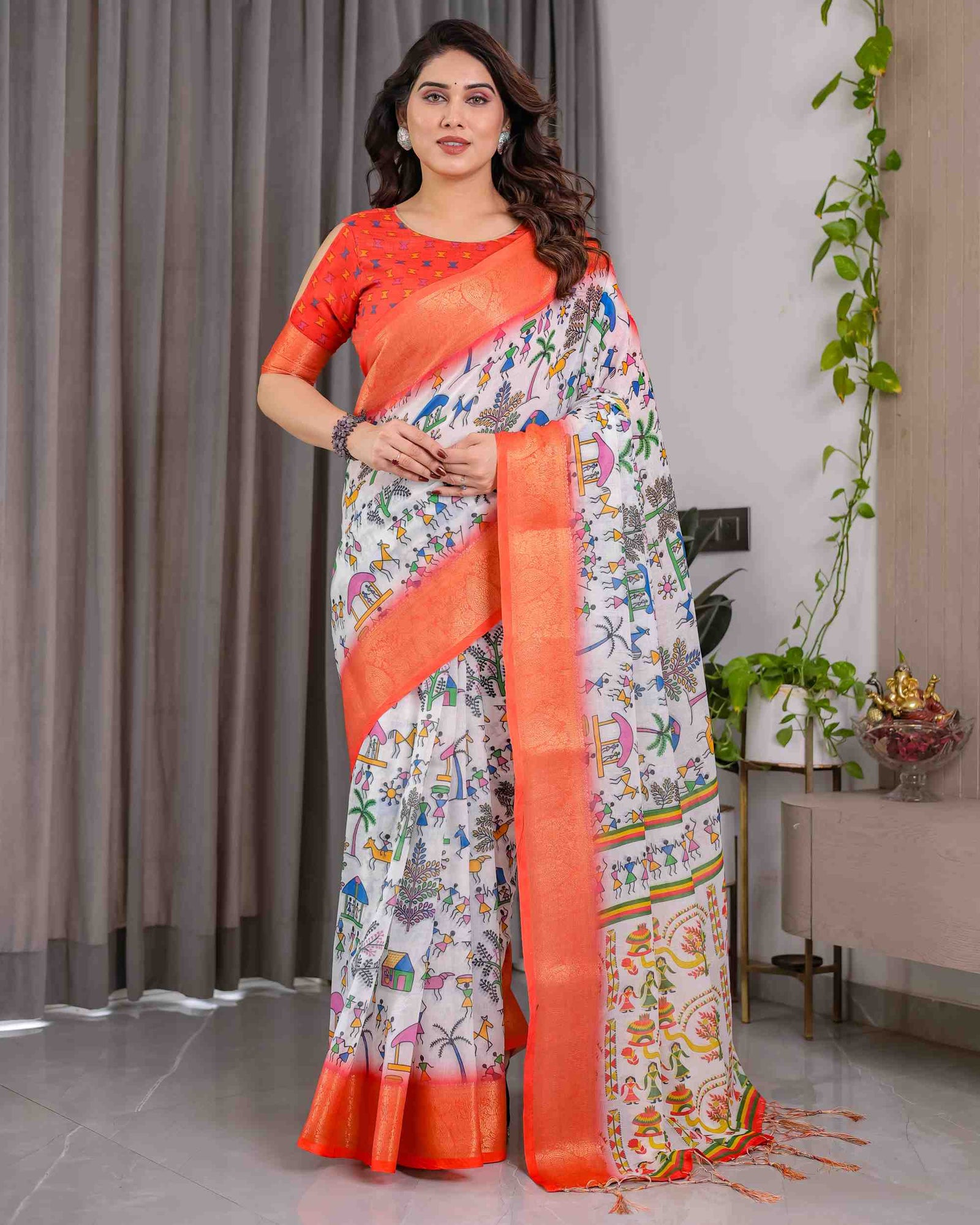Peach Handloom Printed Saree with Rich Zari Border