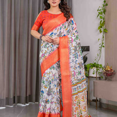 Peach Handloom Printed Saree with Rich Zari Border