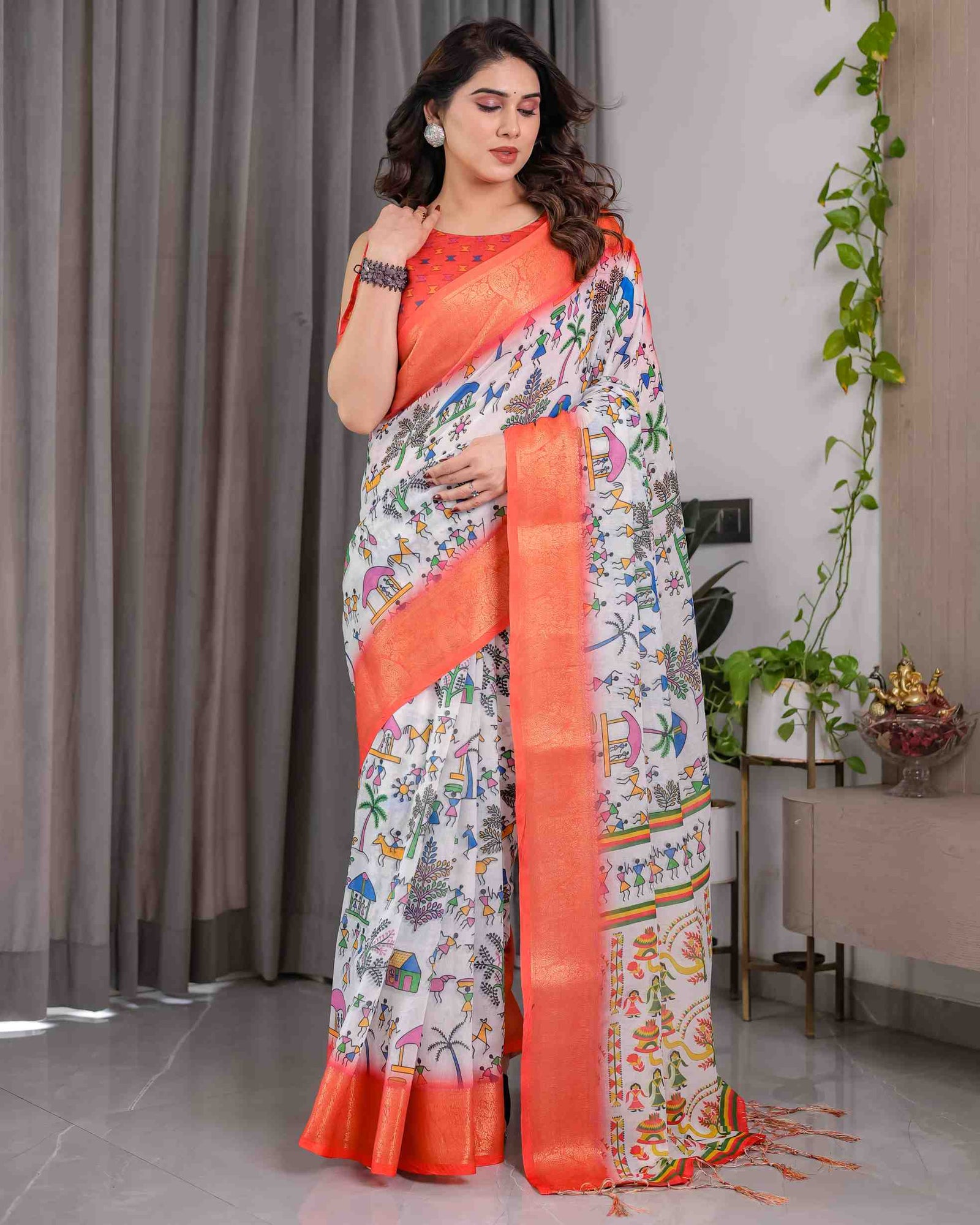 Peach Handloom Printed Saree with Rich Zari Border