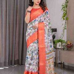 Peach Handloom Printed Saree with Rich Zari Border