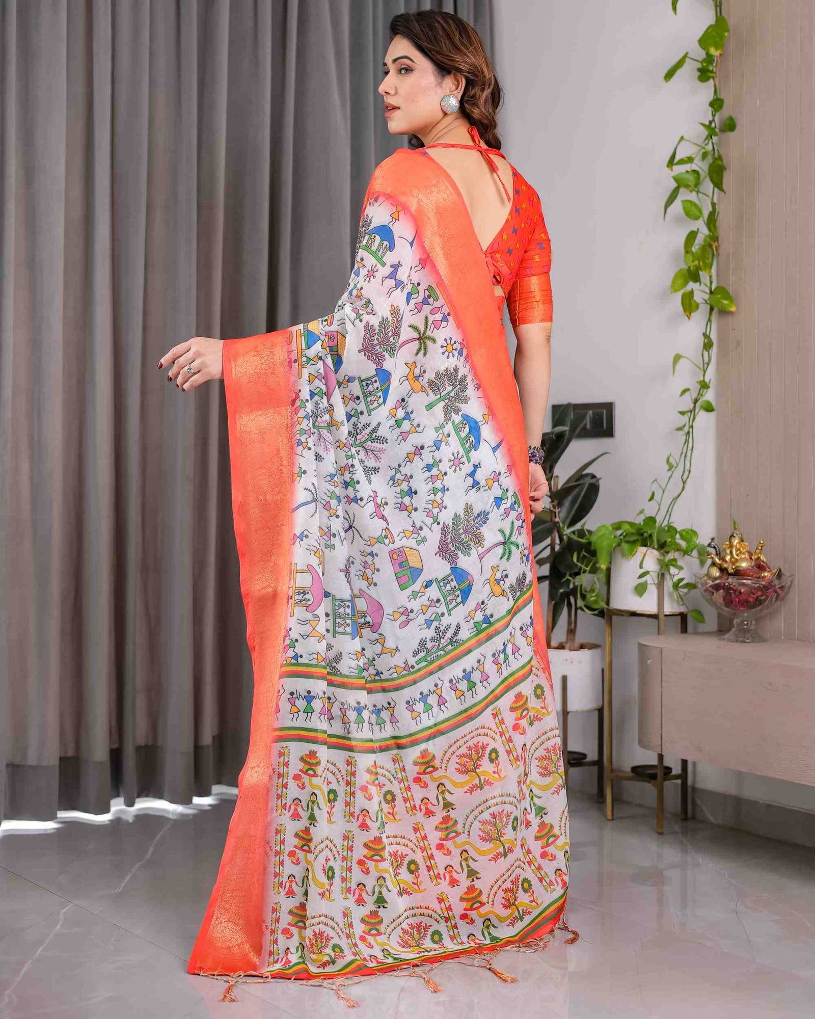 Peach Handloom Printed Saree with Rich Zari Border
