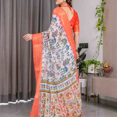Peach Handloom Printed Saree with Rich Zari Border