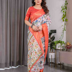 Peach Handloom Printed Saree with Rich Zari Border