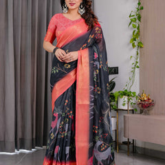 Black Handloom Printed Saree with Peach Zari Border