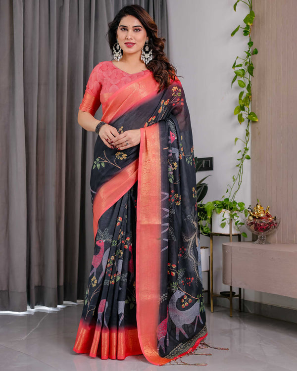 Black Handloom Printed Saree with Peach Zari Border