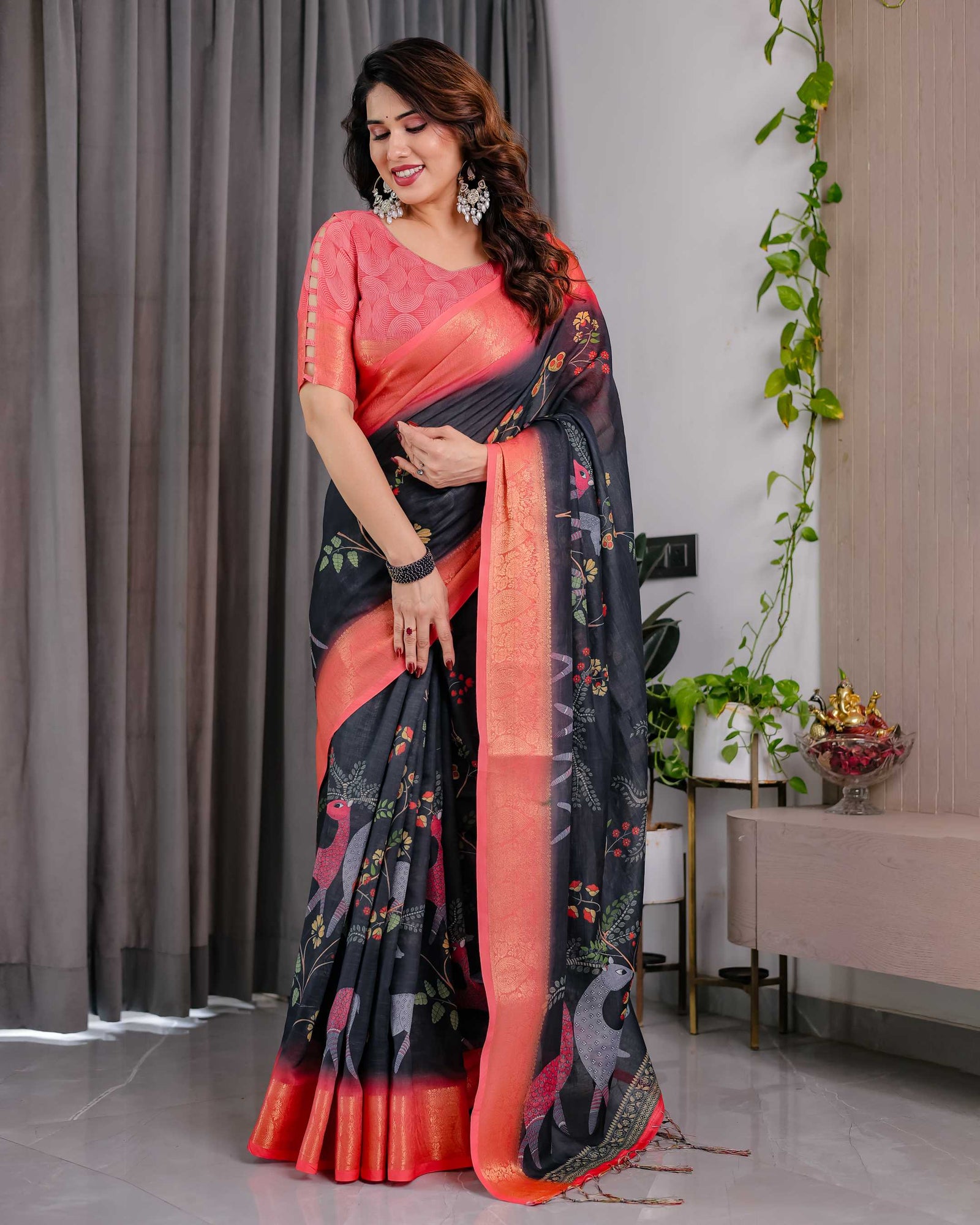 Black Handloom Printed Saree with Peach Zari Border