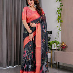Black Handloom Printed Saree with Peach Zari Border