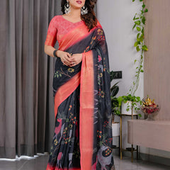 Black Handloom Printed Saree with Peach Zari Border