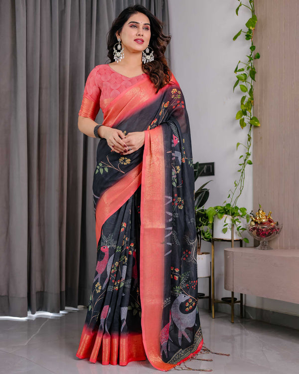 Black Handloom Printed Saree with Peach Zari Border