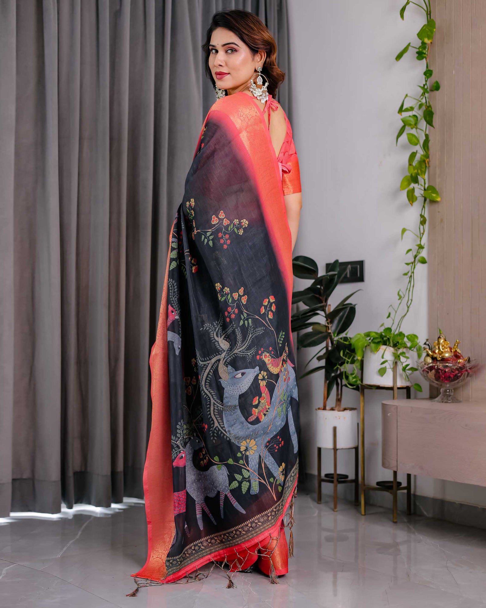 Black Handloom Printed Saree with Peach Zari Border