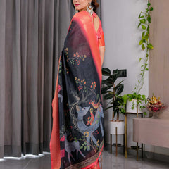 Black Handloom Printed Saree with Peach Zari Border