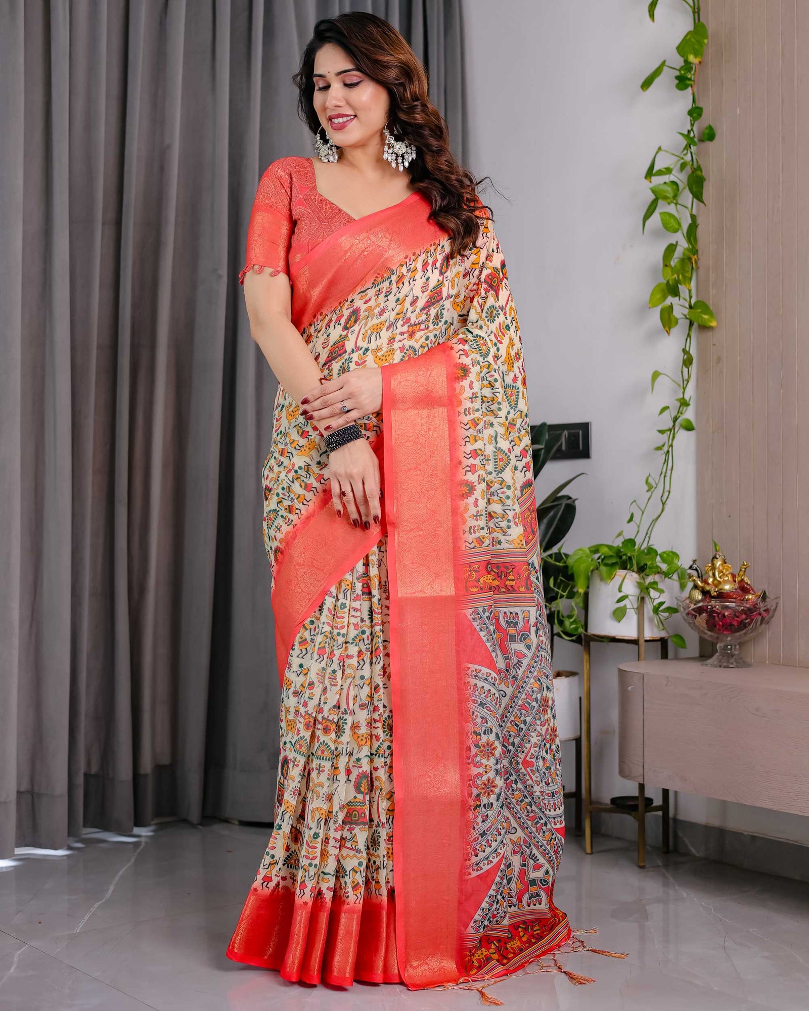 Cream Printed Linen Silk Saree with Coral Zari Border