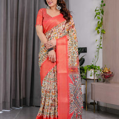 Cream Printed Linen Silk Saree with Coral Zari Border