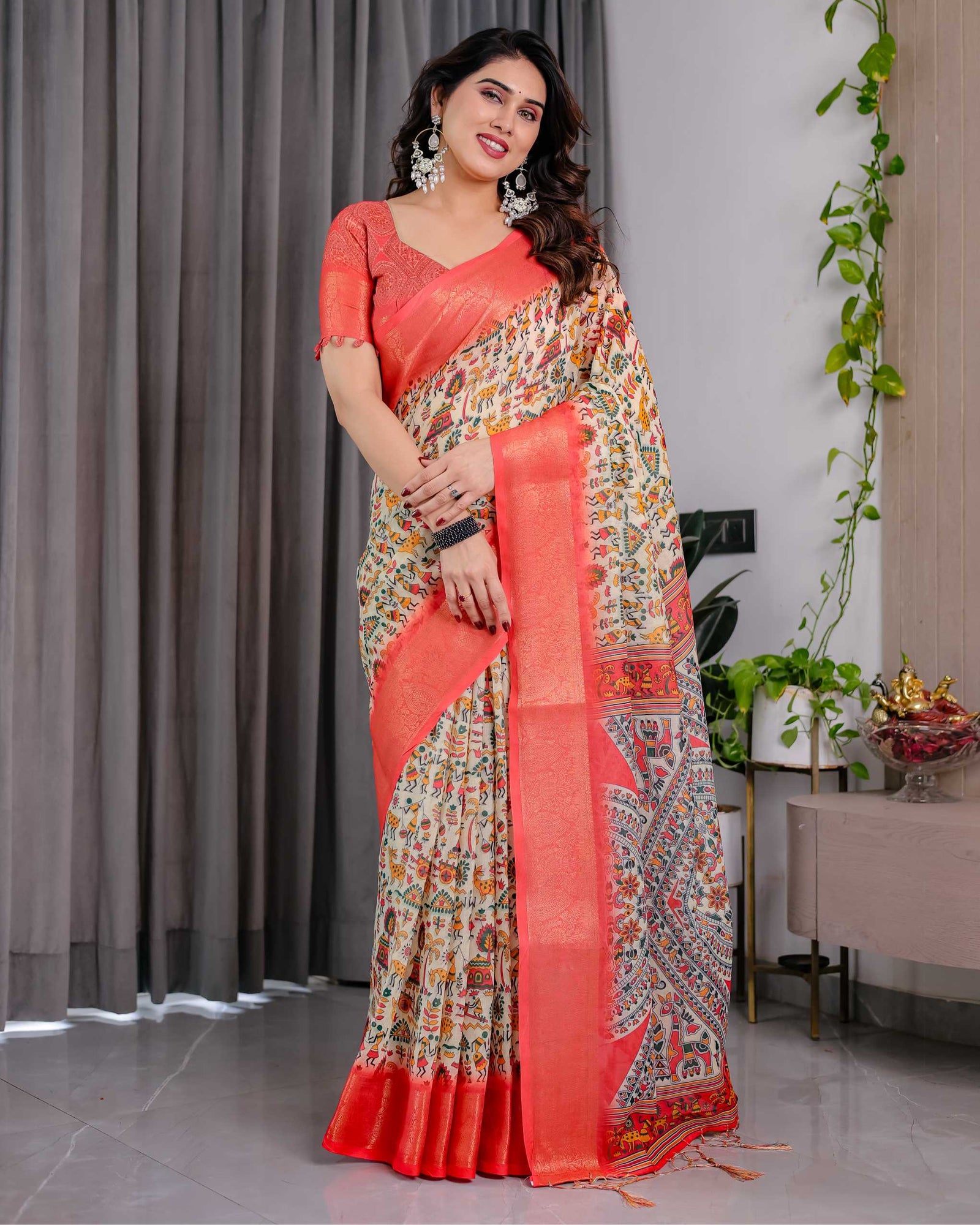 Cream Printed Linen Silk Saree with Coral Zari Border