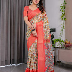Cream Printed Linen Silk Saree with Coral Zari Border