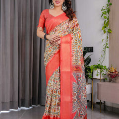 Cream Printed Linen Silk Saree with Coral Zari Border