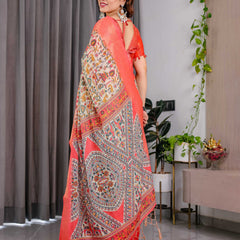 Cream Printed Linen Silk Saree with Coral Zari Border