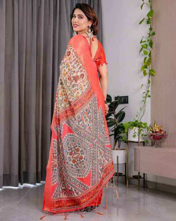 Cream Printed Linen Silk Saree with Coral Zari Border