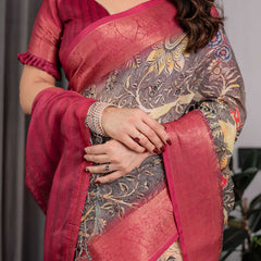 Wine Floral Printed Linen Jacquard Saree with Rich Woven Border