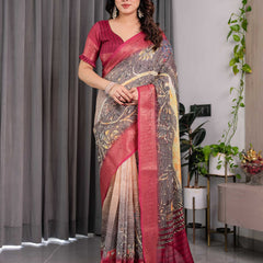 Wine Floral Printed Linen Jacquard Saree with Rich Woven Border