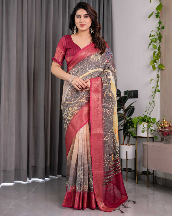 Wine Floral Printed Linen Jacquard Saree with Rich Woven Border
