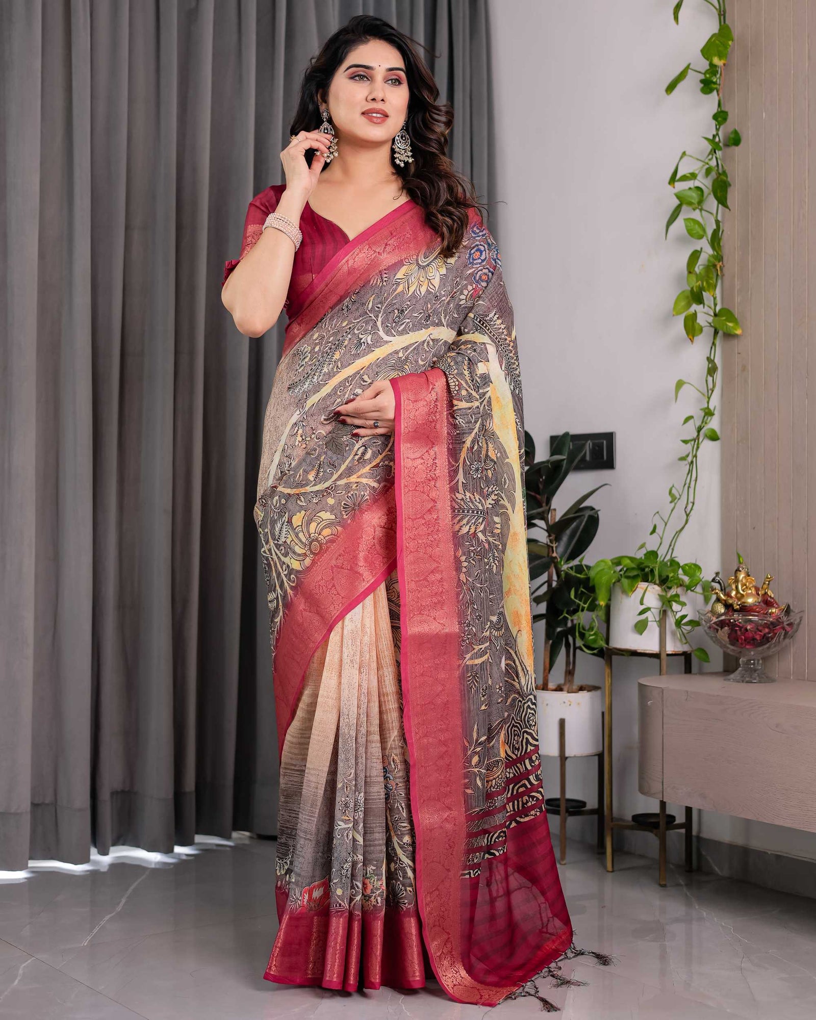 Wine Floral Printed Linen Jacquard Saree with Rich Woven Border