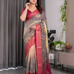 Wine Floral Printed Linen Jacquard Saree with Rich Woven Border