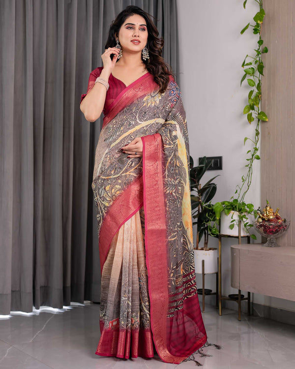 Wine Floral Printed Linen Jacquard Saree with Rich Woven Border