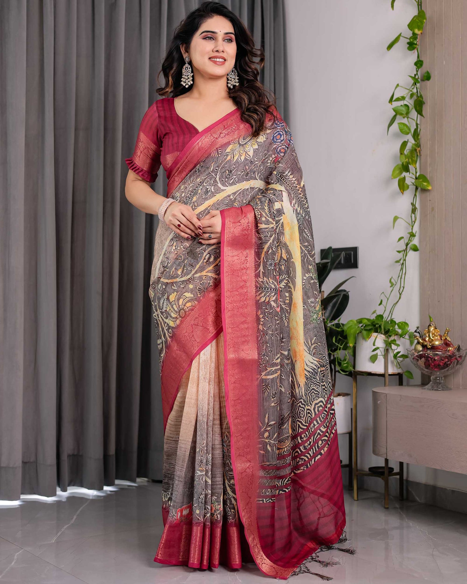 Wine Floral Printed Linen Jacquard Saree with Rich Woven Border