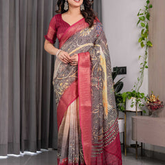 Wine Floral Printed Linen Jacquard Saree with Rich Woven Border