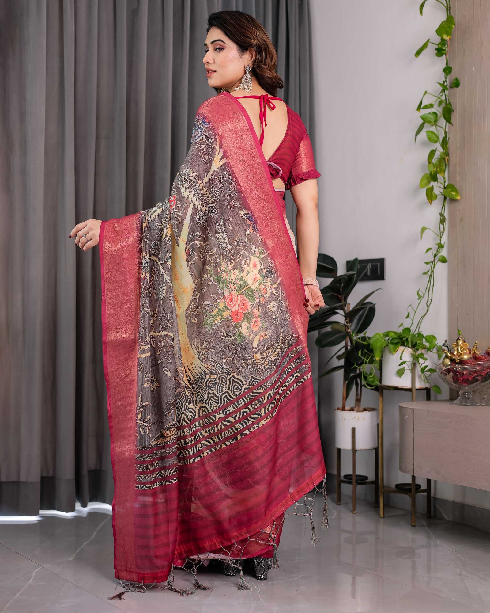 Wine Floral Printed Linen Jacquard Saree with Rich Woven Border