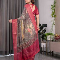Wine Floral Printed Linen Jacquard Saree with Rich Woven Border