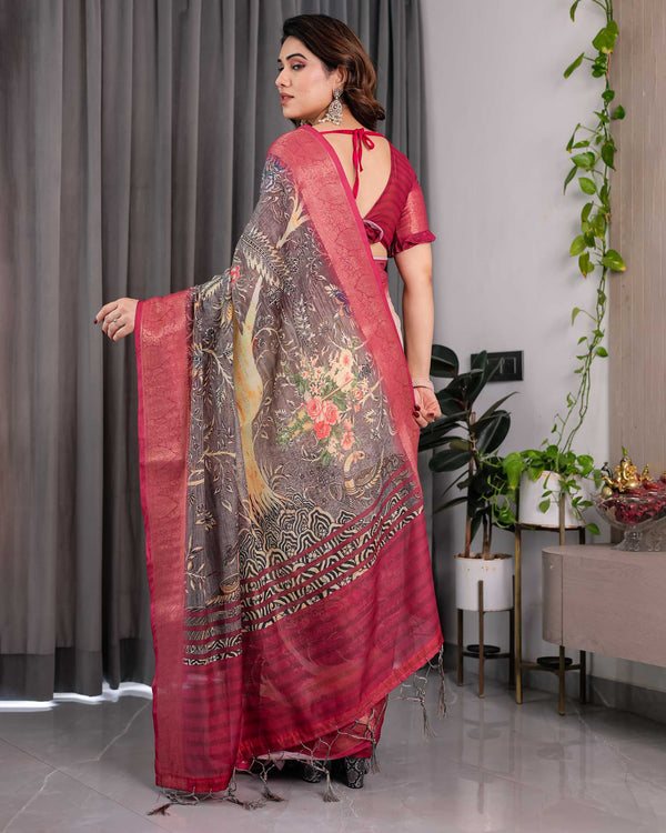 Wine Floral Printed Linen Jacquard Saree with Rich Woven Border