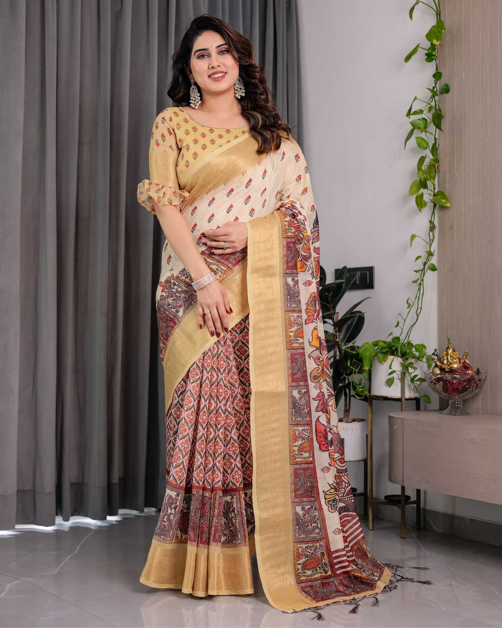 Cream & Gold Woven Banarasi Style Saree