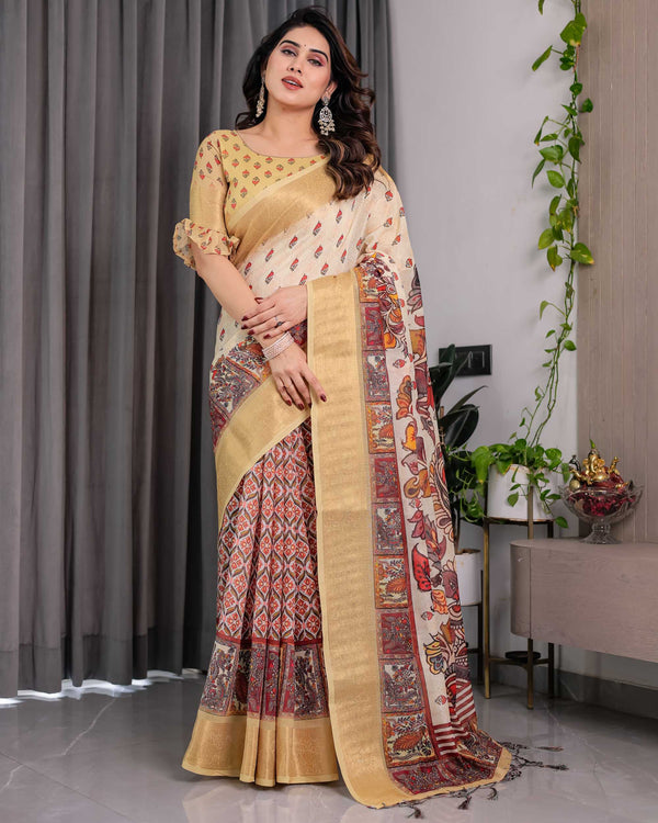 Cream & Gold Woven Banarasi Style Saree