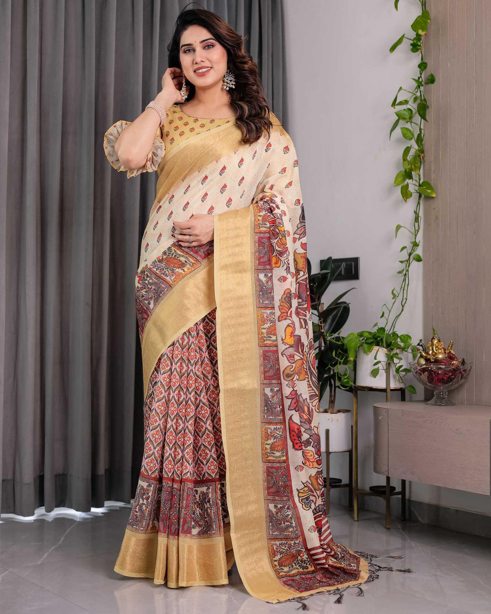 Cream & Gold Woven Banarasi Style Saree