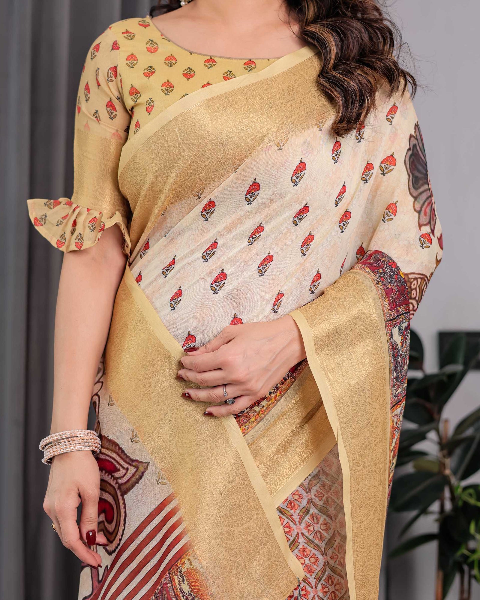 Cream & Gold Woven Banarasi Style Saree