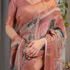 Premium Women's Peach Printed Lilen Blend Saree