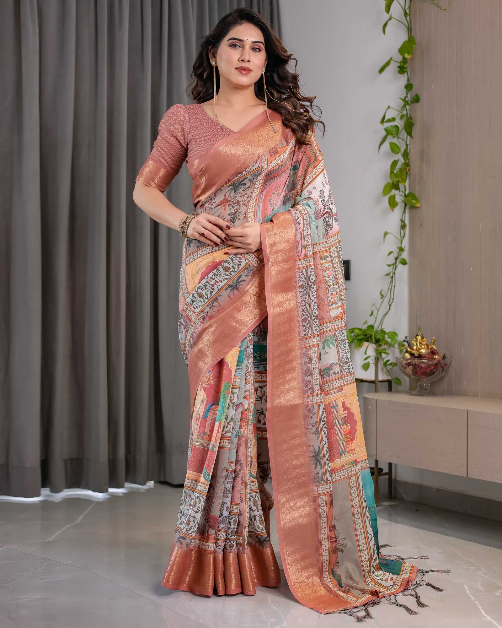 Premium Women's Peach Printed Lilen Blend Saree