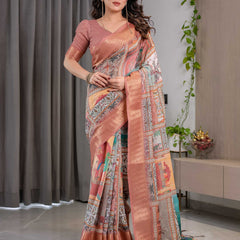 Premium Women's Peach Printed Lilen Blend Saree