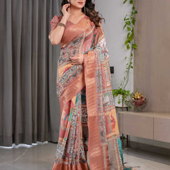Premium Women's Peach Printed Lilen Blend Saree