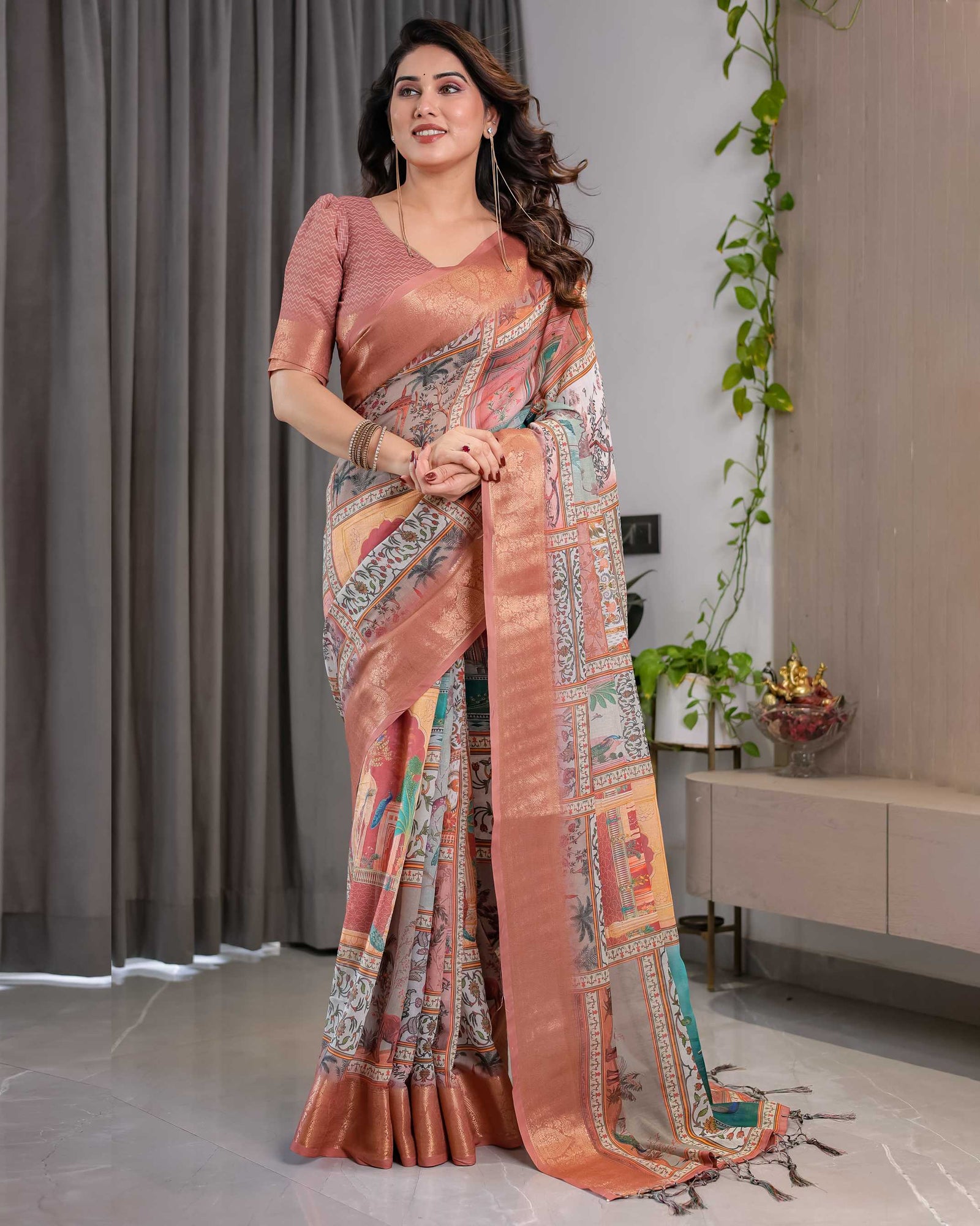 Premium Women's Peach Printed Lilen Blend Saree