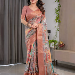 Premium Women's Peach Printed Lilen Blend Saree