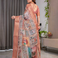 Premium Women's Peach Printed Lilen Blend Saree