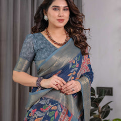 Women's Blue Printed Saree with Elegant Silver Zari Border