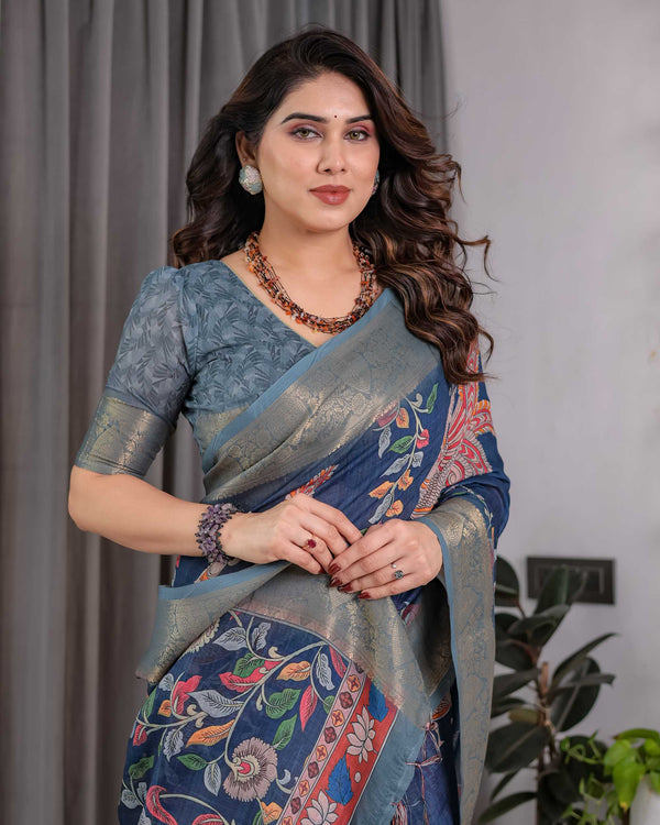Women's Blue Printed Saree with Elegant Silver Zari Border