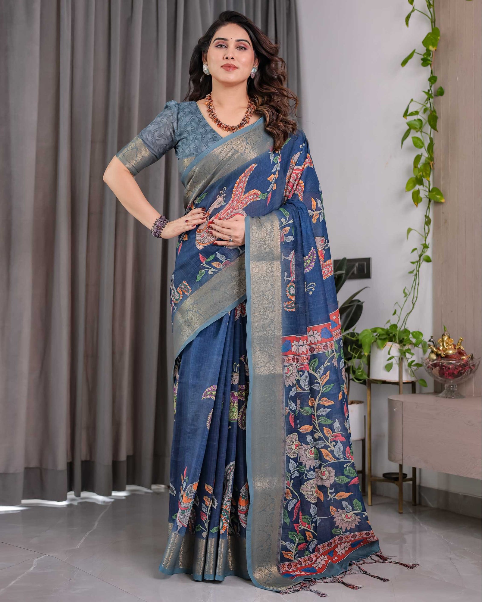 Women's Blue Printed Saree with Elegant Silver Zari Border