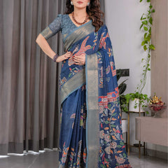 Women's Blue Printed Saree with Elegant Silver Zari Border