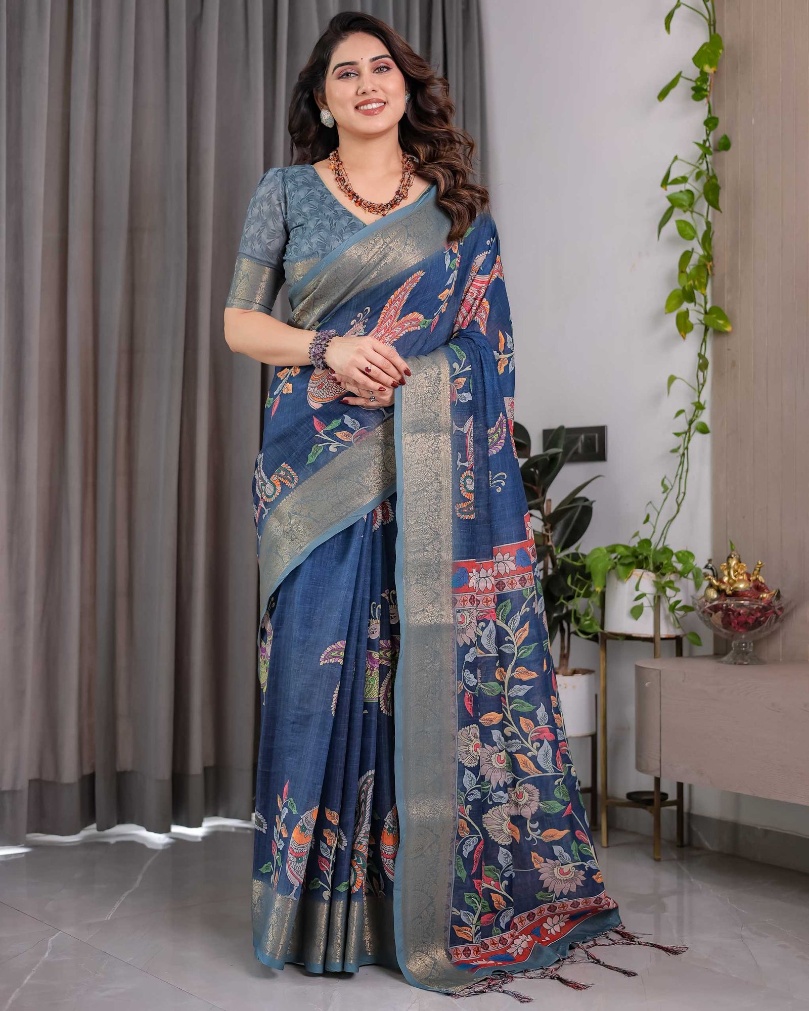 Women's Blue Printed Saree with Elegant Silver Zari Border