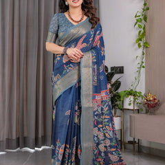 Women's Blue Printed Saree with Elegant Silver Zari Border